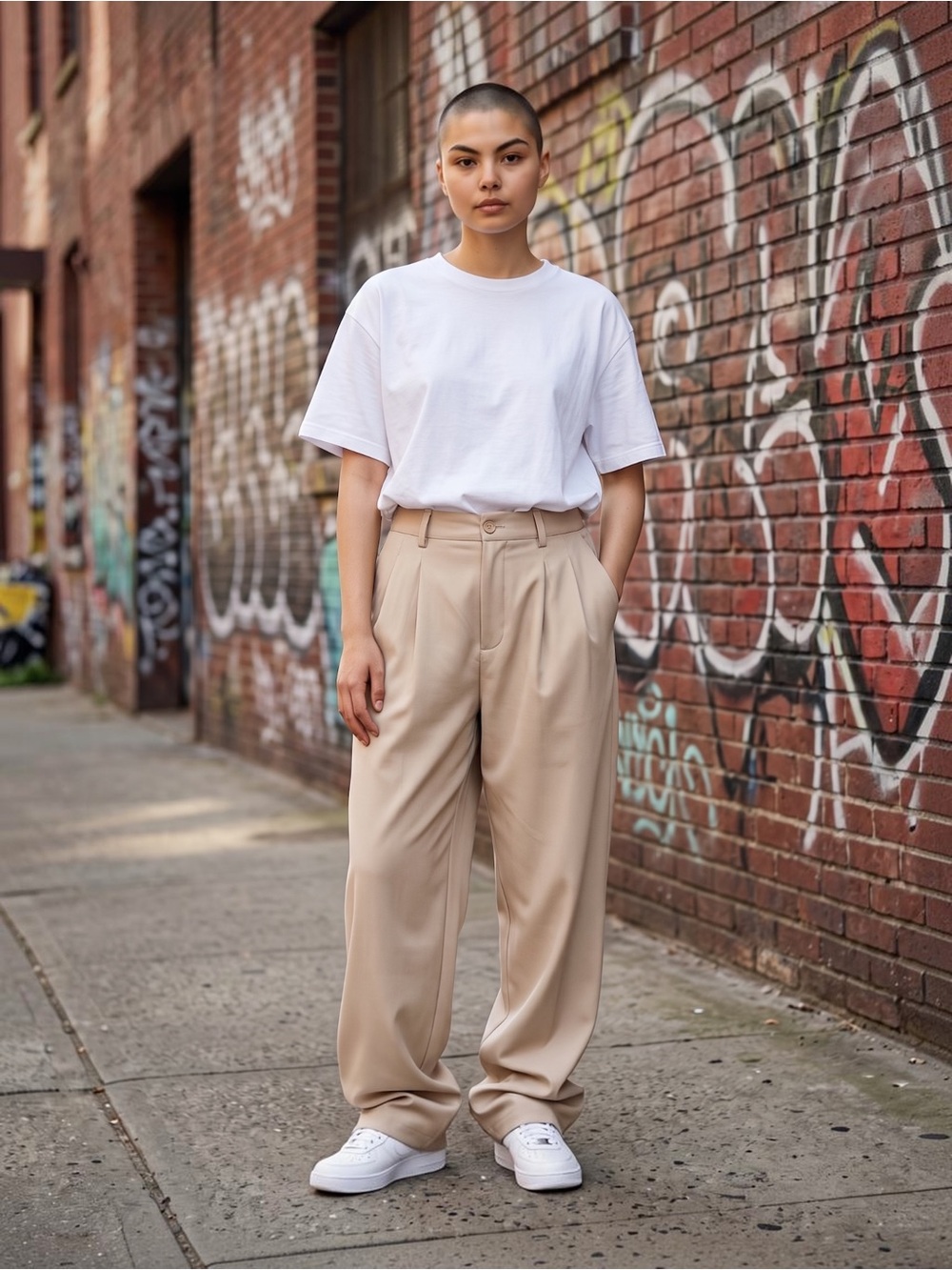 Rewash Pleated Wide-Leg Pants in Beige
